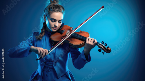 Young woman playing violin on blue background