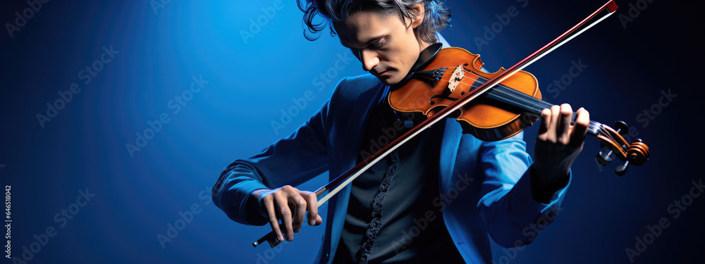 Fototapeta premium Young man playing violin on blue background