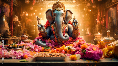 Festive Ganesha Statue with Temple Decorations AI Generated