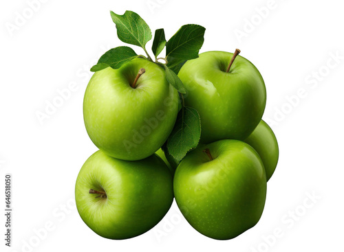 a bunch of green apples with leaves, isolated object on transparent background. png file
