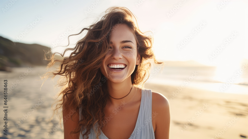 Young woman smiles happily while on vacation with the beach in the background Young woman smiles happily while on vacation with the beach in the background