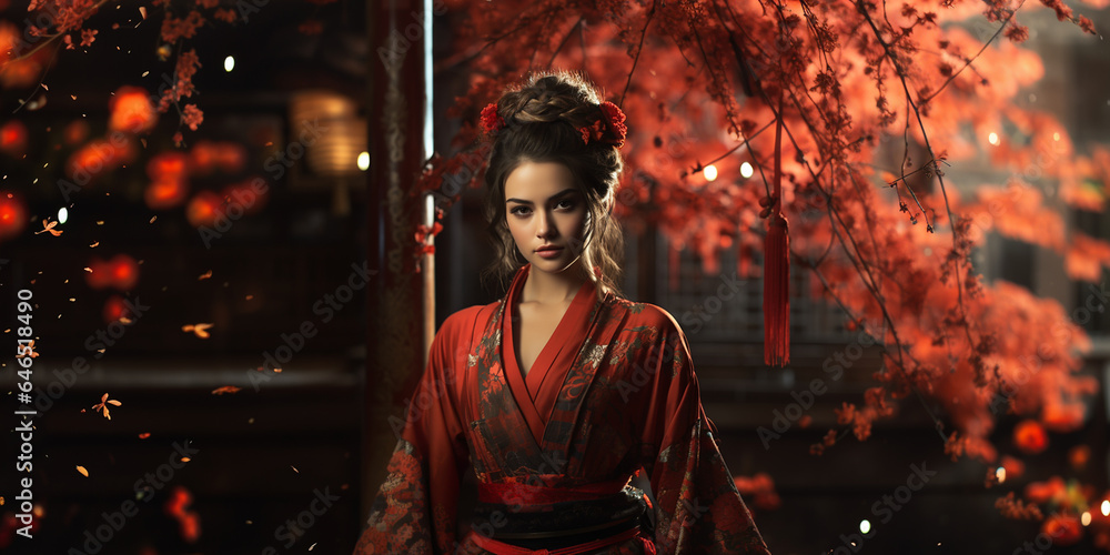 Fototapeta premium Hübsche Model Frau mit Asiatischen Kimono mit einzigartigen Hintergrund als Kulisse im Querformat für Banner, ai generativ