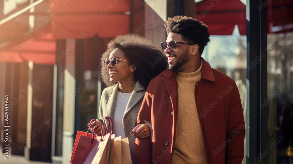 Young couple is walking down the street with bags while shopping