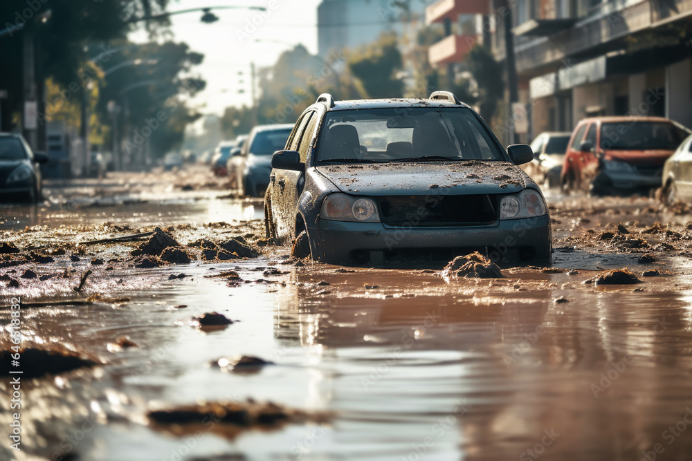 Fototapeta premium Flooded cars on on city street. Dirt and destruction after natural flood disaster