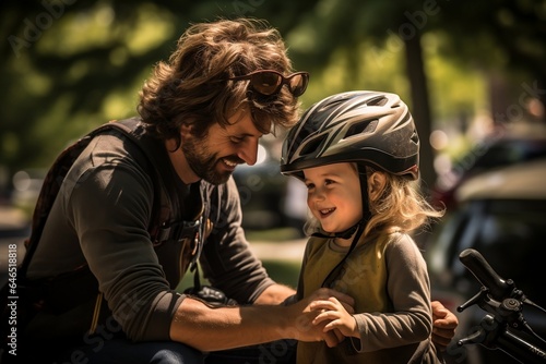 Dad Ensures Daughter's Helmet Fits, Generative Ai. © rzrstudio