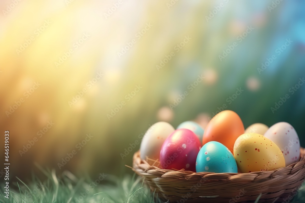 A close-up of a basket full of Easter eggs and treats, surrounded by a lush and colorful garden. Generative AI A close-up of a basket full of Easter eggs and treats, surrounded by a lush and colorful garden. Generative AI