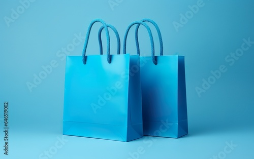 Blue paper shopping bags on pastel blue background. Mock-up tote bag item template. Front view. Shopping sale delivery concept.