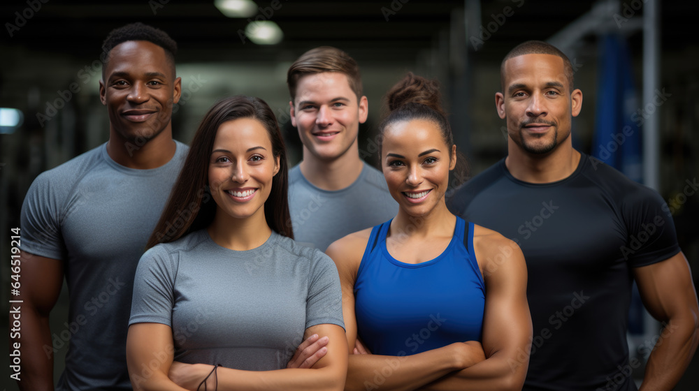 Group of athletic men and women stand together in the background of a gym