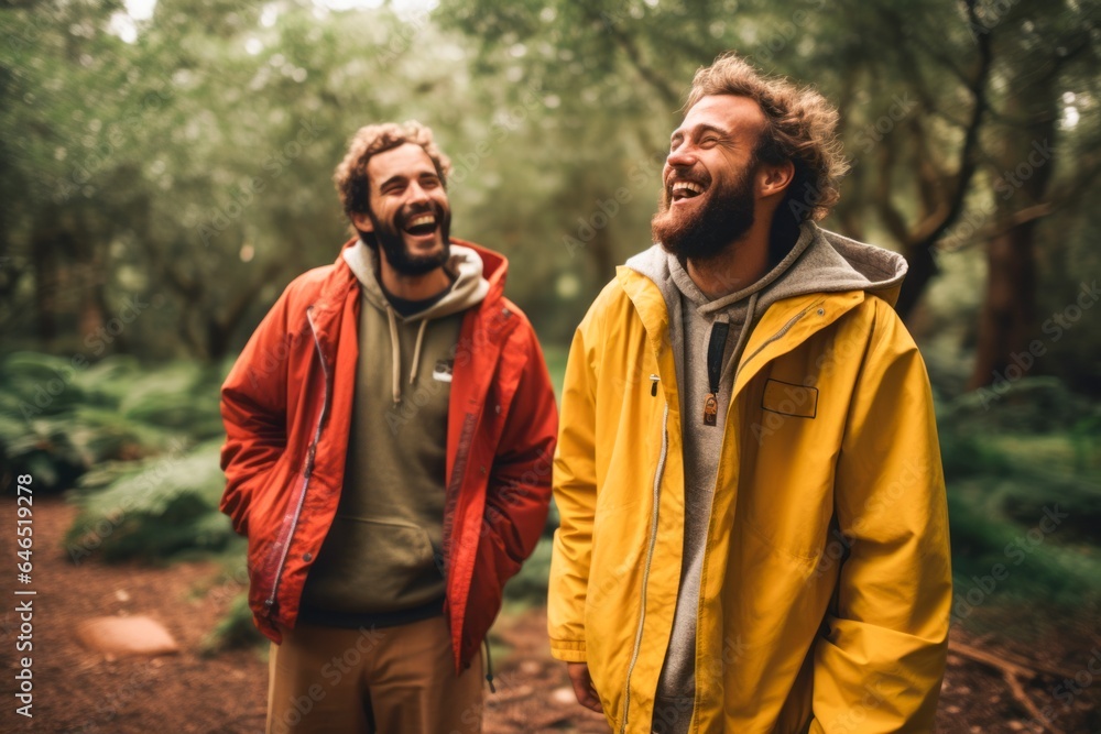 Two men standing beside each other smiling in the woods, 