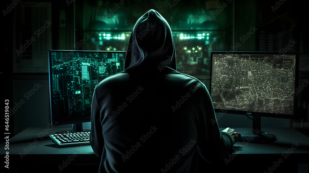 Back view of unrecognizable man in hoodie standing near desk and reading stolen data from computer, monitors in dark room before massive cyber attack on servers generativ ai Back view of unrecognizable man in hoodie standing near desk and reading stolen data from computer, monitors in dark room before massive cyber attack on servers generativ ai