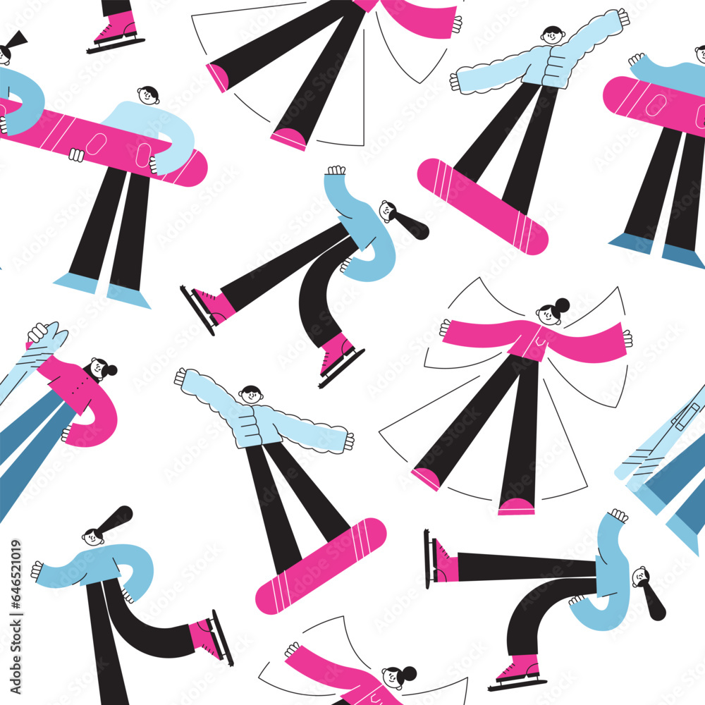 Winter sports skating seamless patten. Skiers and snowboards athletes, mountains ski jumping and freestyle, skates, snow angel, olympic games. winter People active poses vector cartoon flat isolated Winter sports skating seamless patten. Skiers and snowboards athletes, mountains ski jumping and freestyle, skates, snow angel, olympic games. winter People active poses vector cartoon flat isolated