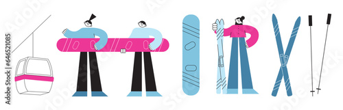 Winter sports equipment set. Skiers and snowboards, mountains ski jumping.  People active poses snowboard, ski, gloves, glasses, hat, ski lift, skates. Mountain skiing and skating activity on holidays