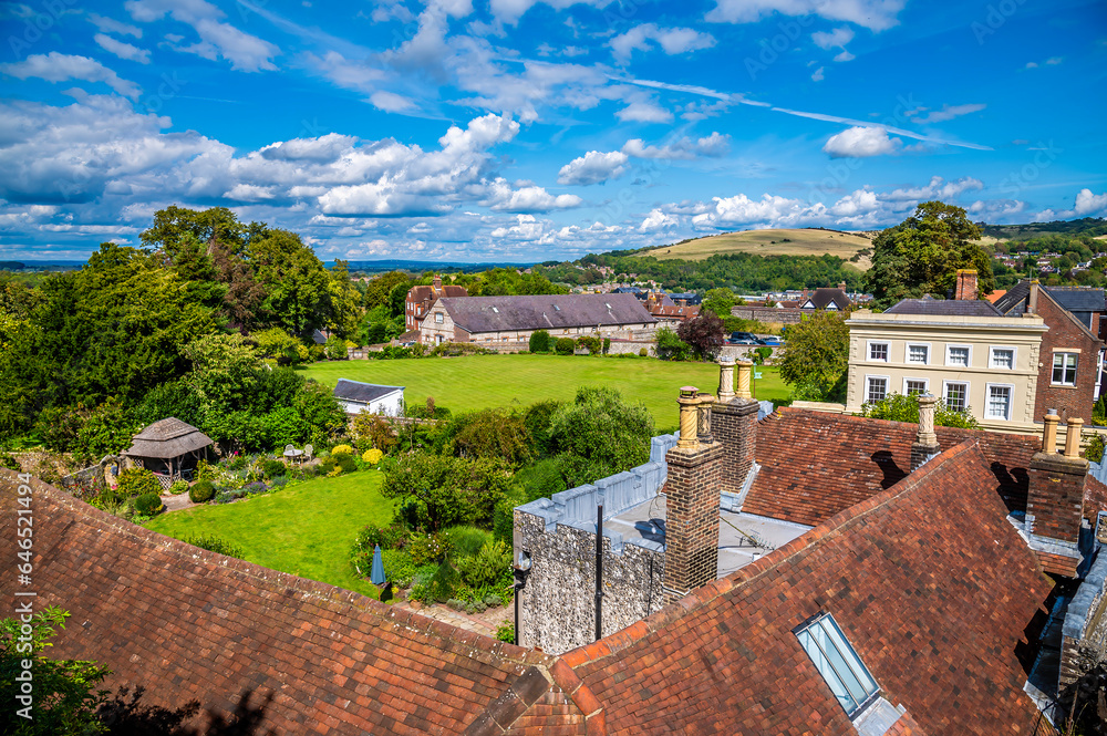A view towards the lower levels from the upper levels of the castle keep in Lewes, Sussex, UK in summertime