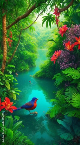tropical forest with water, tropical forest in the morning, tropical forest with lake