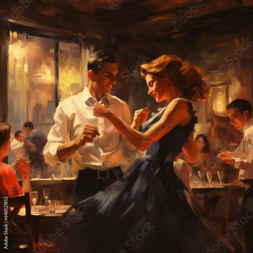 group of people in a bar, couple dancing © Sergei