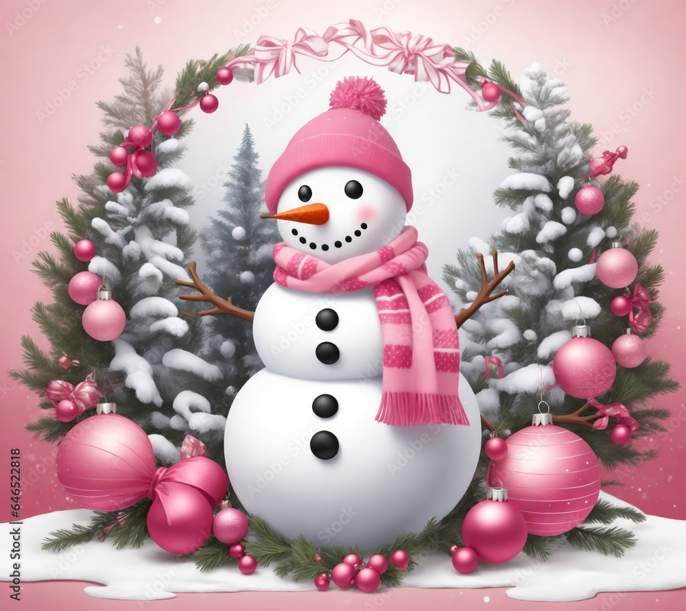 winter graphics with a snowman, Christmas baubles in barbie pink winter graphics with a snowman, Christmas baubles in barbie pink