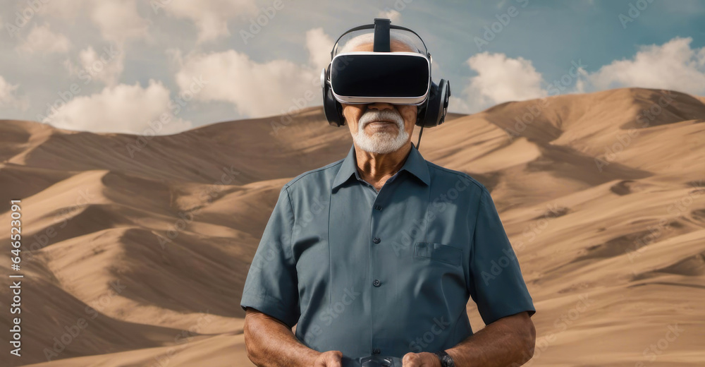 Elderly man with vr headset exploring nature and the metaverse with copy space