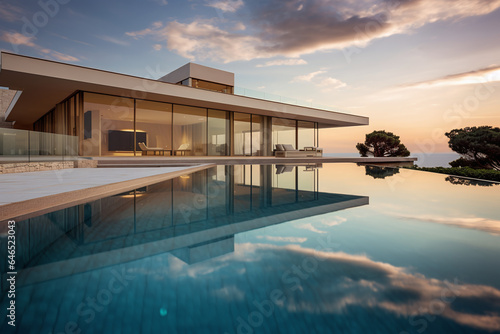a modern villa with a beautiful pool in the sun