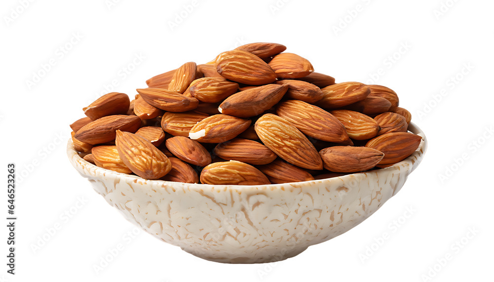 Heap of peeled almonds in a bowl. Isolated on a white background Heap of peeled almonds in a bowl. Isolated on a white background