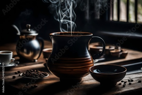 A steaming cup of coffee sits on a rustic wooden table, emanating an inviting aroma that fills the air. AI Generative