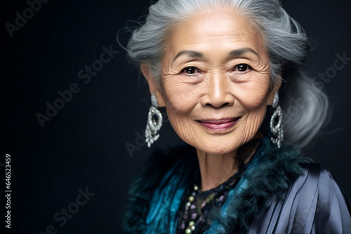 Generative AI illustration of smiling elderly Asian lady wearing vintage outfit and earrings looking at camera against black background
