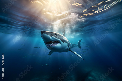 Generative AI illustration of dangerous hunting shark with sharp teeth swimming underwater photo