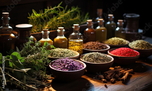Herbs in cups and bottles on the table. © Andreas
