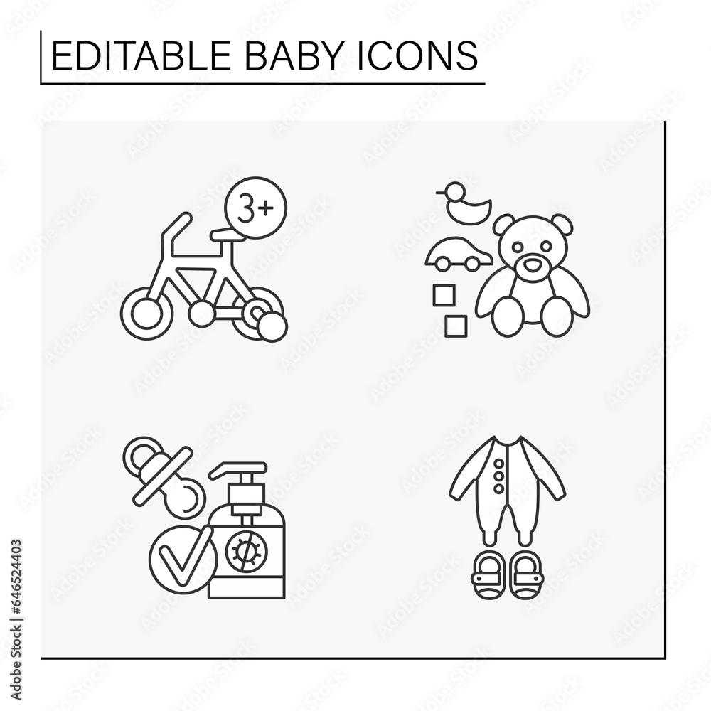 Obraz premium Baby line icons set. Baby products.Things for dream,comfort and care .Childhood concepts. Isolated vector illustrations. Editable stroke