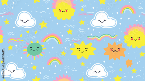 Colorful funny sky doodle seamless pattern. Cute happy clouds in simple children art style background illustration with sun and rainbow.