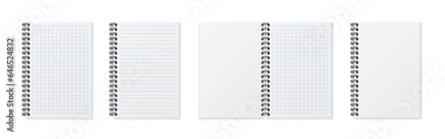 Realistic notebook with spiral. School sheets with lines and grid. Paper notepad set. Blank copybook for education. Diary page with shadow. vector illustration