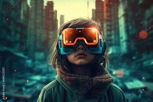 Child with old glasses, destroyed city in the background. Generative AI