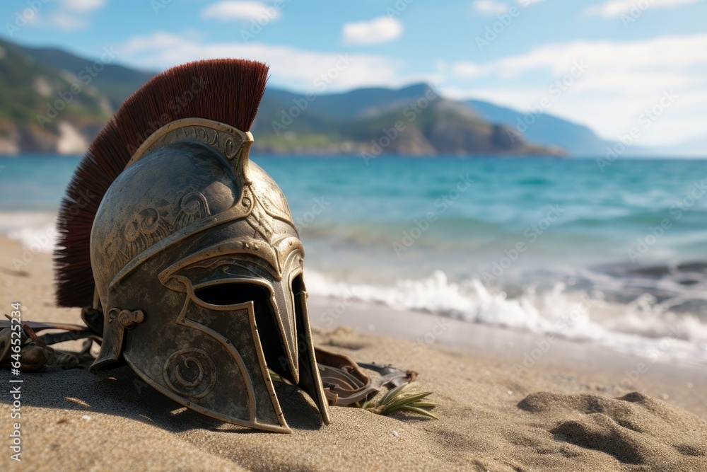 Landscape with Spartan warrior helmet on the beach sand. Generative AI - obrazy, fototapety, plakaty 