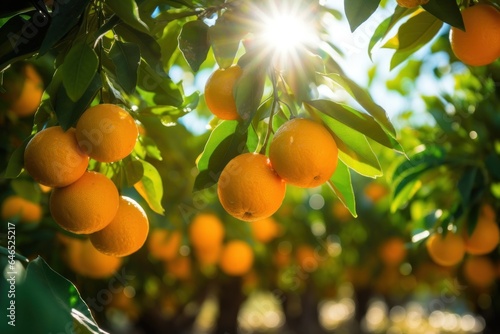 Some oranges are growing on trees