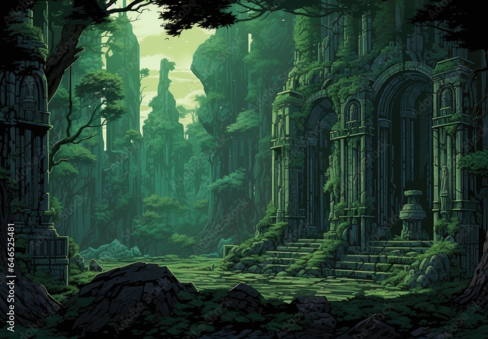Landscape with ruins of a medieval castle, anime style, greenish tones. Generative AI