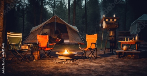 Orange camping chair and an orange campfire at the camp