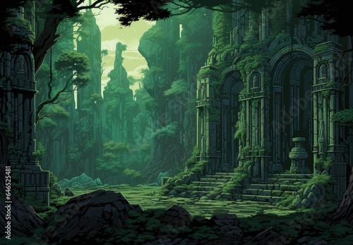 Landscape with ruins of a medieval castle  anime style  greenish tones. Generative AI