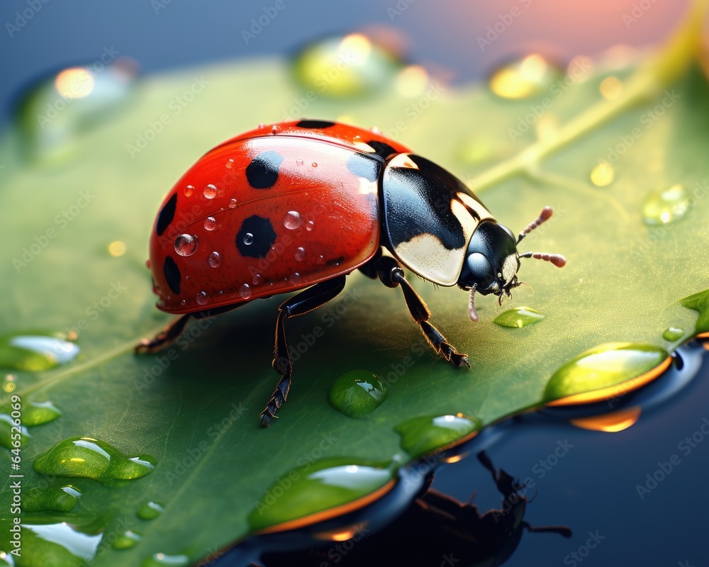 Obraz premium Little ladybug on a leaf with raindrops, insect life. Generative AI
