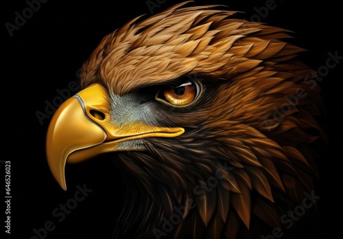 Digital illustration of eagle face on black background. Generative AI photo