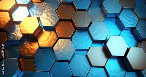 An abstract hexagon background in blue with silver lighting