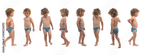 various poses of same boy in underpants walking on white background (3 year old)