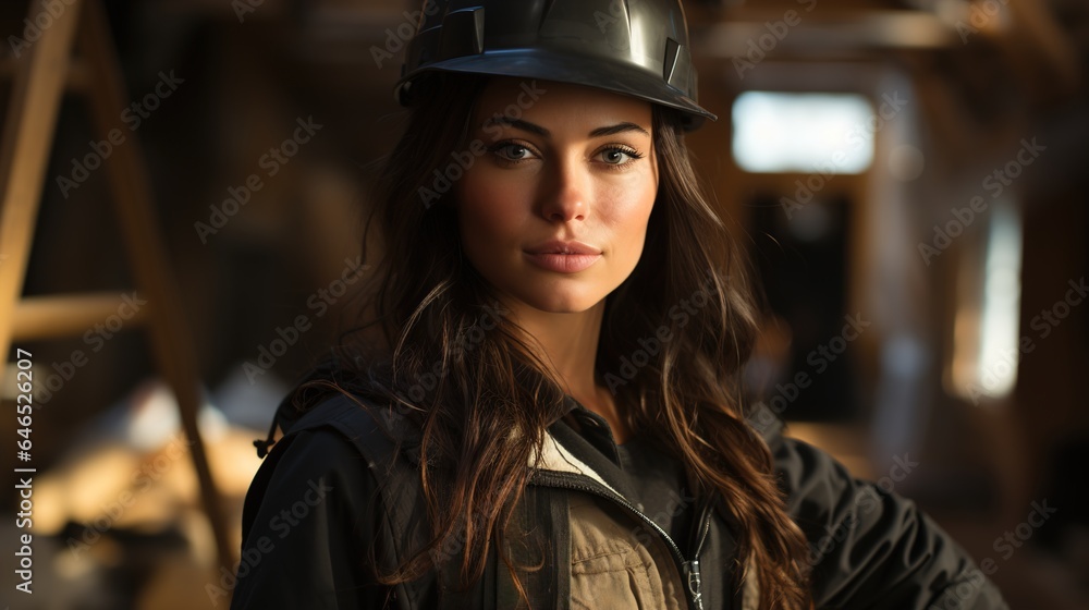 Modern woman professional engineer with long black hair, wearing a safety helmet, in the construction site as a background.
Modern woman professional engineer with long black hair, wearing a safety helmet, in the construction site as a background.