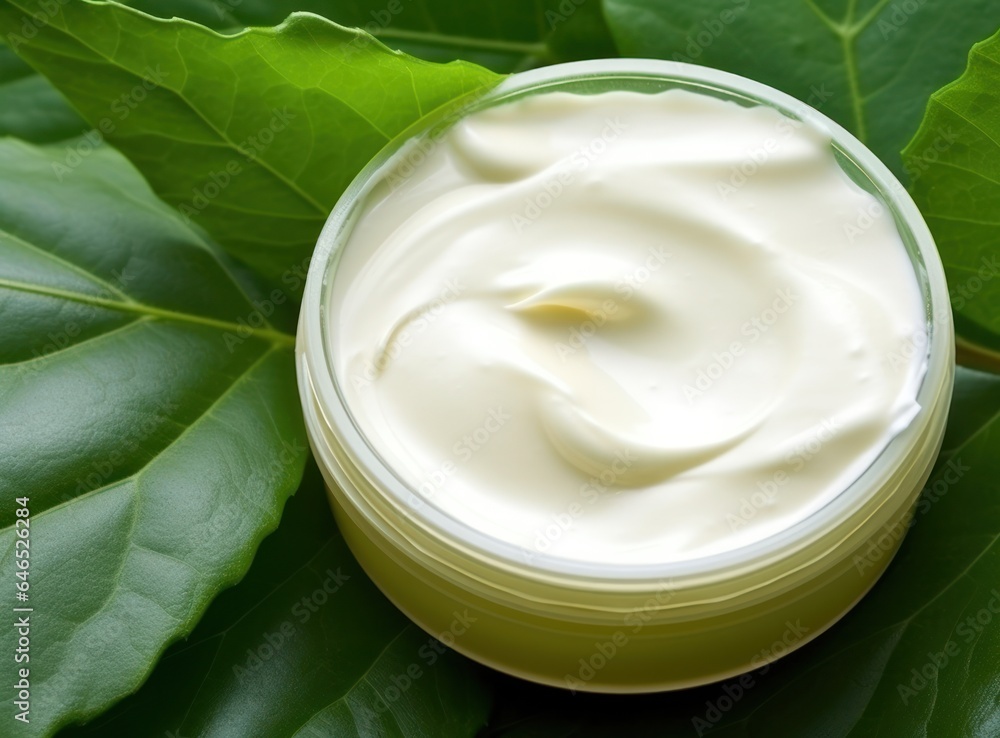 A little cream jar on a green leaf A little cream jar on a green leaf