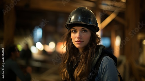 Modern woman professional engineer with long black hair, wearing a safety helmet, in the construction site as a background. 