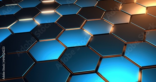 An abstract hexagon background in blue with silver lighting