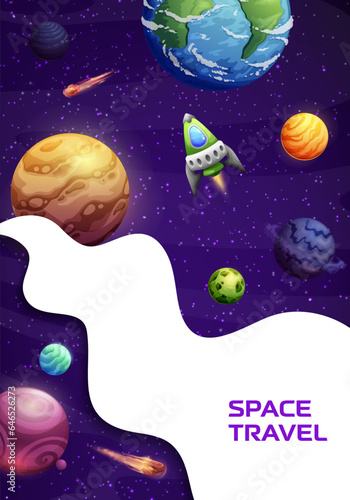 Space landing page. Paper cut galaxy, planets and rocket website vector template of business project launch or start up. Cartoon space landscape with spaceship on starry sky background, landing page