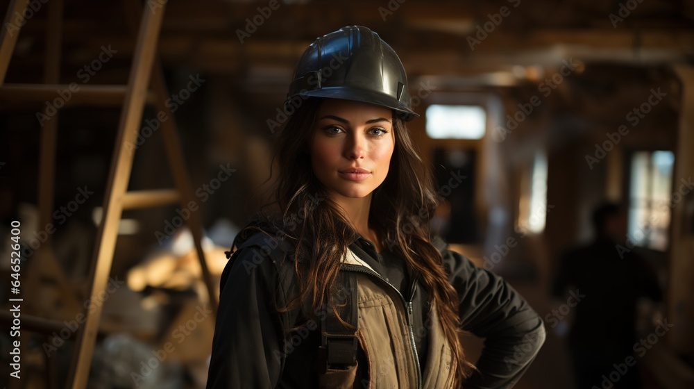 Modern woman professional engineer with long black hair, wearing a safety helmet, in the construction site as a background.
