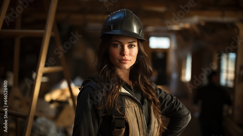 Modern woman professional engineer with long black hair, wearing a safety helmet, in the construction site as a background. 