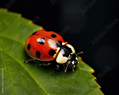Little ladybug on a leaf with raindrops, insect life. Generative AI © Deivison
