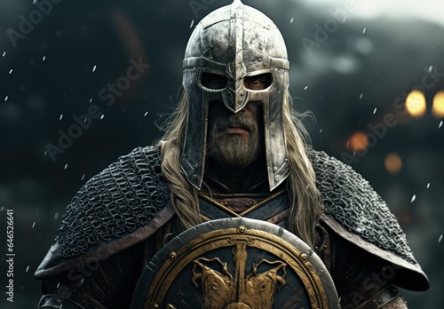 Viking warrior with scary look, digital illustration. Generative AI photo