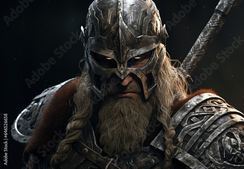 Viking warrior with scary look, digital illustration. Generative AI photo